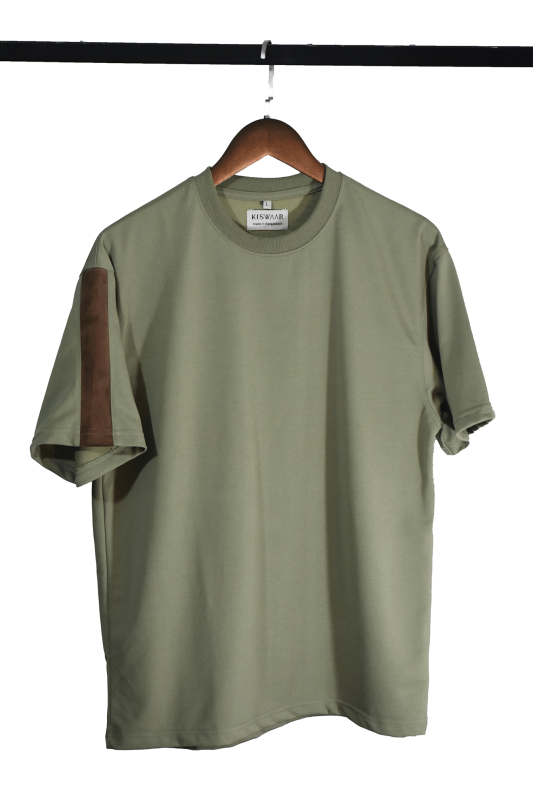 Drop Shoulder Contrast Panel T-Shirt- Light Olive